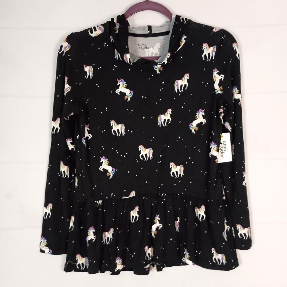 Rumi + Ryder Girls Unicorn Print Peplum Hoodie Tee